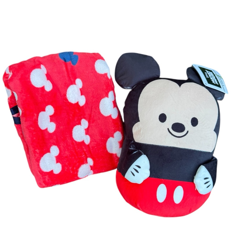 Disney Cute Soft Mickey Mouse Squishy Pillow Plush & Cozy Kids Red Blanket Lot